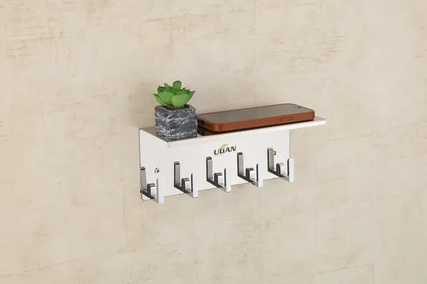 UDAN_Wall_Mounted_Key_Stand_SS_202_|_Chrome_Finish_Key_Holder_with_Hooks_&_Shelf_for_Home_Entrance