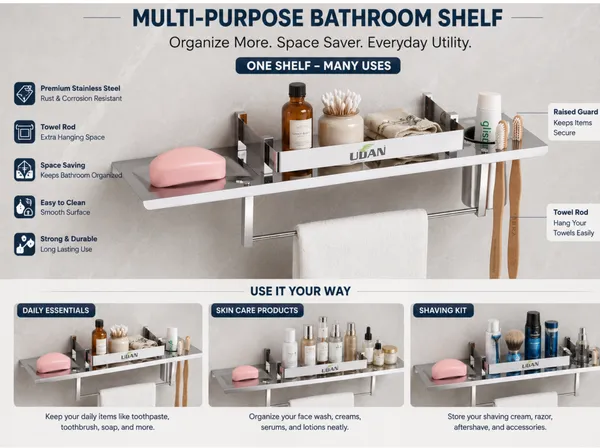 UDAN_Premium_Stainless_Steel_4_in_1_Multi-Purpose_Bathroom_Shelf_with_Towel_Rod,_Soap_Dish_&_Tumbler_Holder_|_Wall_Mounted_Storage_Shelf_with_Raised_Guard_|_Rust-Proof_Bathroom_Organizer