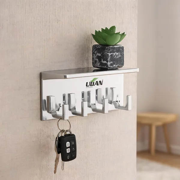 UDAN_Wall_Mounted_Key_Stand_SS_202_|_Chrome_Finish_Key_Holder_with_Hooks_&_Shelf_for_Home_Entrance