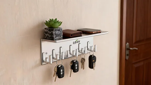 UDAN_Wall_Mounted_Key_Stand_SS_202_|_Chrome_Finish_Key_Holder_with_Hooks_&_Shelf_for_Home_Entrance