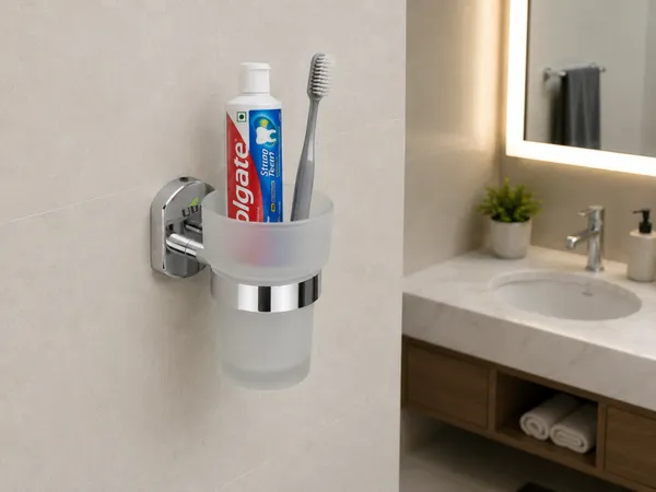 UDAN_SS_202_Stainless_Steel_Glass_Tumbler_Holder_|_Wall_Mounted_Toothbrush_&_Toothpaste_Holder_|_Frosted_Tempered_Glass_Tumbler_|_Rust-Proof_Chrome_Finish