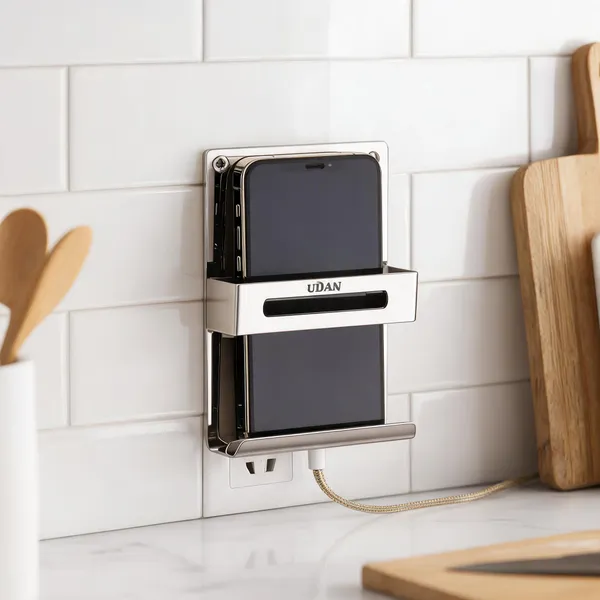 UDAN_SS_202_Stainless_Steel_Wall_Mounted_Mobile_Phone_Holder_|_Multi-Purpose_Charging_Stand_for_Kitchen,_Office,_Bedroom_&_Bathroom_|_Rust-Proof_Metal_Mobile_Stand