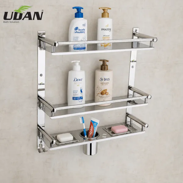 UDAN_6-in-1_Premium_Stainless_Steel_3-Tier_Bathroom_Shelf_|_Wall_Mounted_Shelf_with_Soap_Dish,_Tumbler_Holder_&_Dual_Hooks_|_Heavy_Duty_0.8mm_SS_Chrome_Finish
