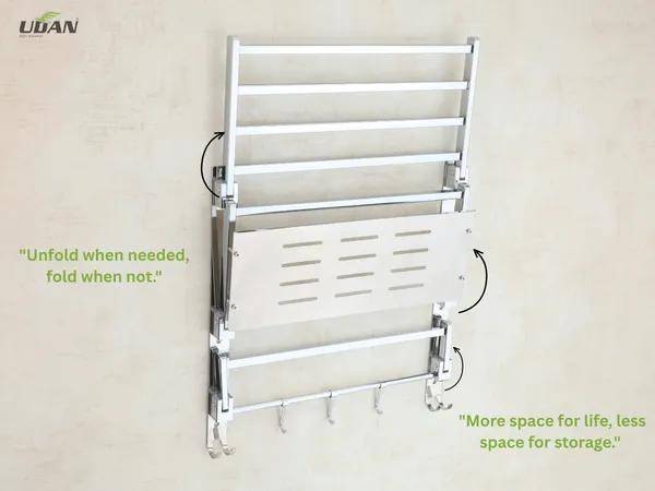 UDAN_SS_202_Stainless_Steel_Folding_Bathroom_Shelf_&_Rack_|_Multi-Tier_Wall_Mounted_Towel_Rack_with_Shelf,_Bar_&_Hooks_|_Space-Saving_Foldable_Design_|_Mirror_Polish_Finish