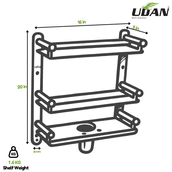UDAN_6-in-1_Premium_Stainless_Steel_3-Tier_Bathroom_Shelf_|_Wall_Mounted_Shelf_with_Soap_Dish,_Tumbler_Holder_&_Dual_Hooks_|_Heavy_Duty_0.8mm_SS_Chrome_Finish
