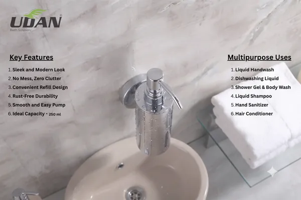 UDAN_SS_202_Stainless_Steel_Wall_Mounted_Liquid_Soap_Dispenser_|_Single_Pump_Bottle_for_Shampoo,_Conditioner_&_Body_Wash_|_Rust-Proof_Chrome_Finish_Bathroom_Dispenser