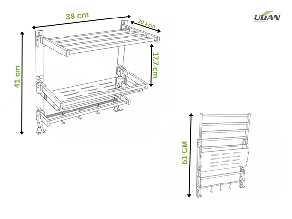 UDAN_SS_202_Stainless_Steel_Folding_Bathroom_Shelf_&_Rack_|_Multi-Tier_Wall_Mounted_Towel_Rack_with_Shelf,_Bar_&_Hooks_|_Space-Saving_Foldable_Design_|_Mirror_Polish_Finish