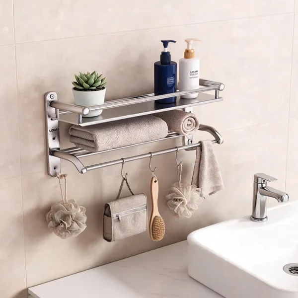UDAN_Premium_Stainless_Steel_Bathroom_Shelf_with_Towel_Bar_&_Hooks_|_Wall_Mounted_Bathroom_Organizer_with_3_Hooks_|_Rust-Proof_2mm_Thick_Steel