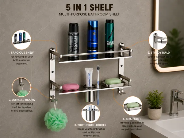 UDAN_Bathroom_Shelf_Stainless_Steel_Wall_Mount_Rack_–_2_Tier_Storage_with_Soap_Dish,_Toothbrush_Holder_&_Hooks