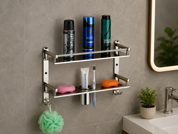 UDAN_Bathroom_Shelf_Stainless_Steel_Wall_Mount_Rack_–_2_Tier_Storage_with_Soap_Dish,_Toothbrush_Holder_&_Hooks