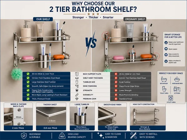 UDAN_Bathroom_Shelf_Stainless_Steel_Wall_Mount_Rack_–_2_Tier_Storage_with_Soap_Dish,_Toothbrush_Holder_&_Hooks