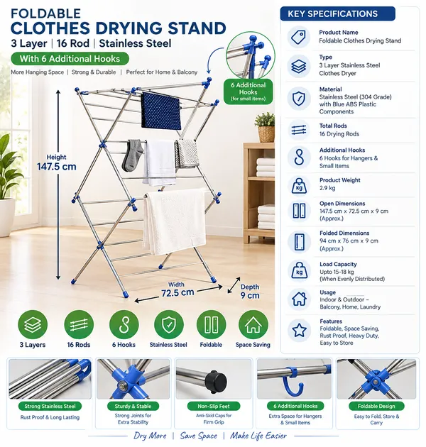 UDAN_Foldable_Clothes_Drying_Stand_3_Layer_16_Rod_Stainless_Steel_Laundry_Rack_with_6_S.S_Additional_Hooks_Heavy_Duty_Indoor_&_Outdoor_Cloth_Dryer_for_Balcony,_Home_&_Laundry_-_Blue