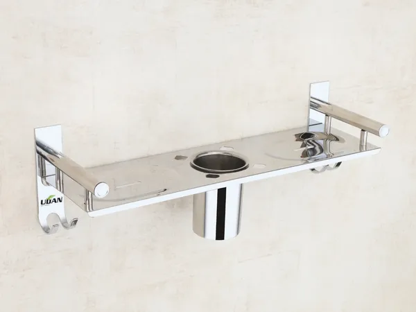 UDAN_SS202_Stainless_Steel_Bathroom_Shelf_with_Dual_Soap_Dish,_Tumbler_Holder_&_Hooks,_Chrome_Finish_Wall_Mounted_Multipurpose_Rack_for_Bathroom