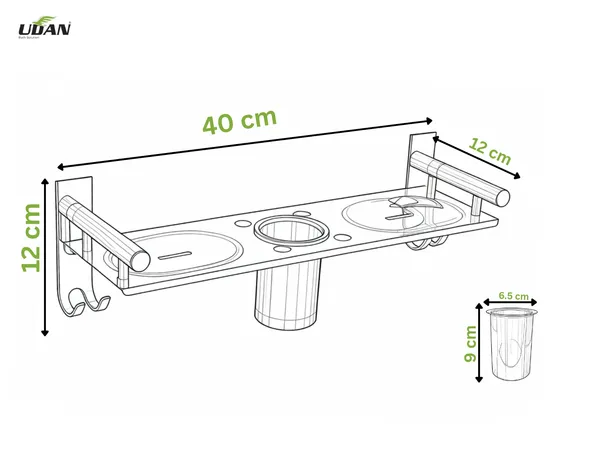 UDAN_SS202_Stainless_Steel_Bathroom_Shelf_with_Dual_Soap_Dish,_Tumbler_Holder_&_Hooks,_Chrome_Finish_Wall_Mounted_Multipurpose_Rack_for_Bathroom