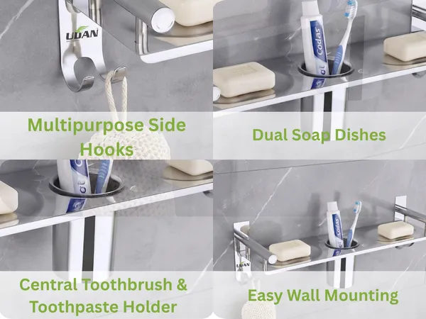 UDAN_SS202_Stainless_Steel_Bathroom_Shelf_with_Dual_Soap_Dish,_Tumbler_Holder_&_Hooks,_Chrome_Finish_Wall_Mounted_Multipurpose_Rack_for_Bathroom