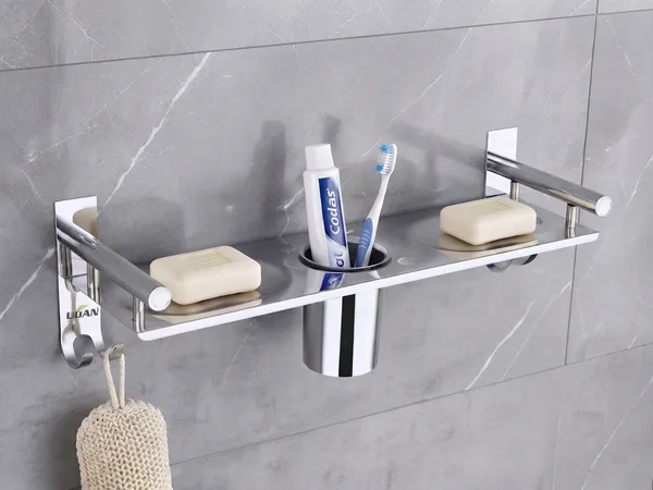 UDAN_SS202_Stainless_Steel_Bathroom_Shelf_with_Dual_Soap_Dish,_Tumbler_Holder_&_Hooks,_Chrome_Finish_Wall_Mounted_Multipurpose_Rack_for_Bathroom