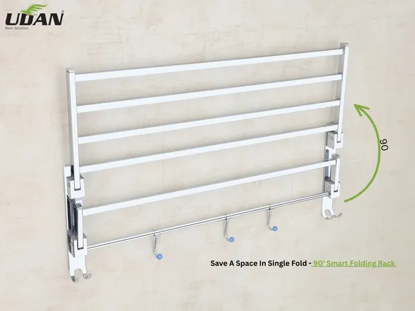UDAN_SS_202_Stainless_Steel_Double_Bansri_Folding_Rack_|_90°_Smart_Foldable_Cloth_&_Towel_Hanging_Rack_with_Hooks_|_Wall_Mounted_Space-Saving_Bathroom_Rack