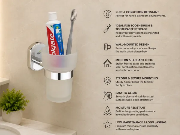 UDAN_SS_202_Stainless_Steel_Glass_Tumbler_Holder_|_Wall_Mounted_Toothbrush_&_Toothpaste_Holder_|_Frosted_Tempered_Glass_Tumbler_|_Rust-Proof_Chrome_Finish