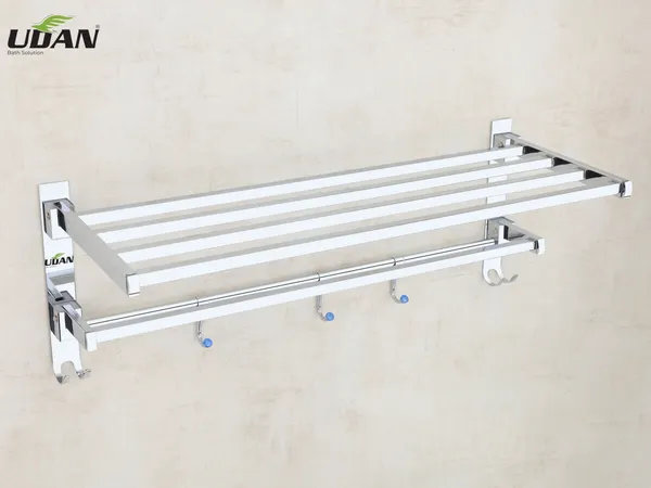 UDAN_SS_202_Stainless_Steel_Double_Bansri_Folding_Rack_|_90°_Smart_Foldable_Cloth_&_Towel_Hanging_Rack_with_Hooks_|_Wall_Mounted_Space-Saving_Bathroom_Rack