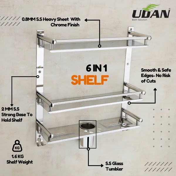 UDAN_6-in-1_Premium_Stainless_Steel_3-Tier_Bathroom_Shelf_|_Wall_Mounted_Shelf_with_Soap_Dish,_Tumbler_Holder_&_Dual_Hooks_|_Heavy_Duty_0.8mm_SS_Chrome_Finish