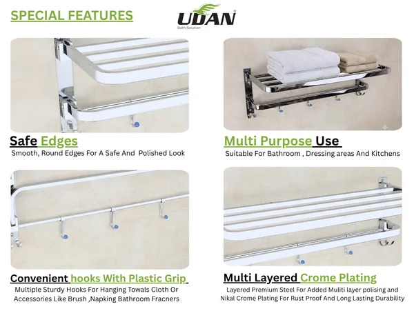 UDAN_Premium_Chrome_Stainless_Steel_Towel_Rack_with_Shelf_&_5_Hooks_|_Wall_Mounted_Bathroom_Towel_Shelf_|_Double_Bar_Towel_Rail_with_Hanging_Hooks