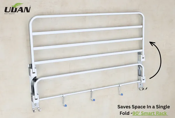 UDAN_Premium_Chrome_Stainless_Steel_Towel_Rack_with_Shelf_&_5_Hooks_|_Wall_Mounted_Bathroom_Towel_Shelf_|_Double_Bar_Towel_Rail_with_Hanging_Hooks