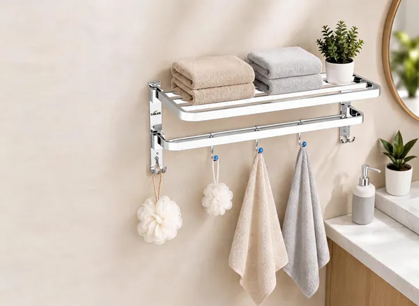 UDAN_Premium_Chrome_Stainless_Steel_Towel_Rack_with_Shelf_&_5_Hooks_|_Wall_Mounted_Bathroom_Towel_Shelf_|_Double_Bar_Towel_Rail_with_Hanging_Hooks