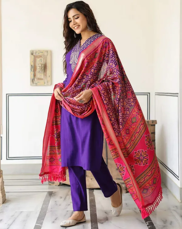 Purpal_Yoke_Design_Kurta_With_Trousers_And_Dupatta