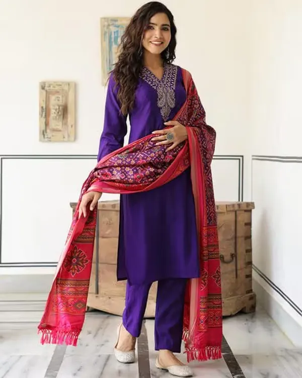 Purpal_Yoke_Design_Kurta_With_Trousers_And_Dupatta