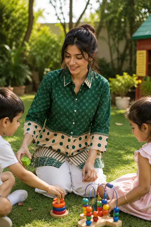 Women’s-Poly-Muslin-Printed-Shirt-|-Bottle-Green-&-Cream-Polka-Dot-Geometric-Print-|-Collared-Button-Down-Shirt-|-3-4-Sleeve