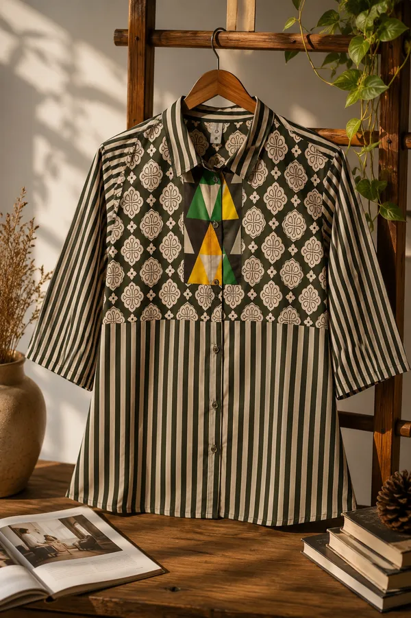 Women’s-Poly-Muslin-Printed-Shirt-|-Olive-Green-&-Cream-Floral-Geometric-Print-|-Striped-Color-Block-Shirt-|-Collared-3-4-Sleeve