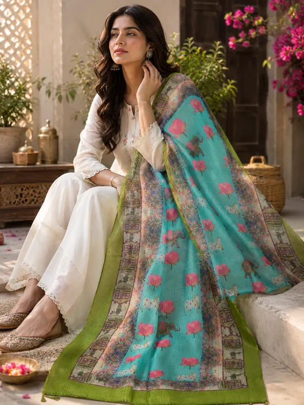 Women’s_Kota_Crochet_Digital_Print_Lotus_&_Elephant_Dupatta_–_Aqua_Blue_&_Olive_Green