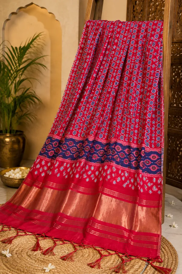 Rani-Pink-&-Royal-Blue-Ajrakh-Printed-Gaji-Silk-Dupatta-with-Zari-Border