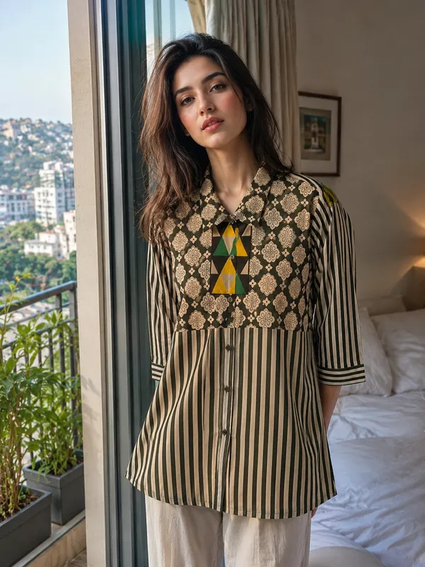 Women’s-Poly-Muslin-Printed-Shirt-|-Olive-Green-&-Cream-Floral-Geometric-Print-|-Striped-Color-Block-Shirt-|-Collared-3-4-Sleeve