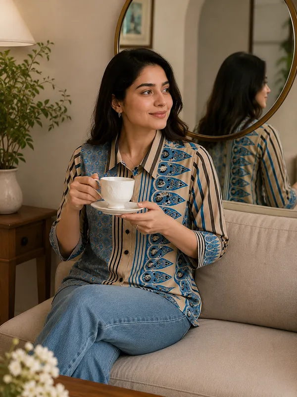 Women’s-Poly-Muslin-Shirt-–-Beige-&-Teal-Blue-Printed-Shirt,-Geometric-&-Ornamental-Print,-Collared,-3-4-Sleeve