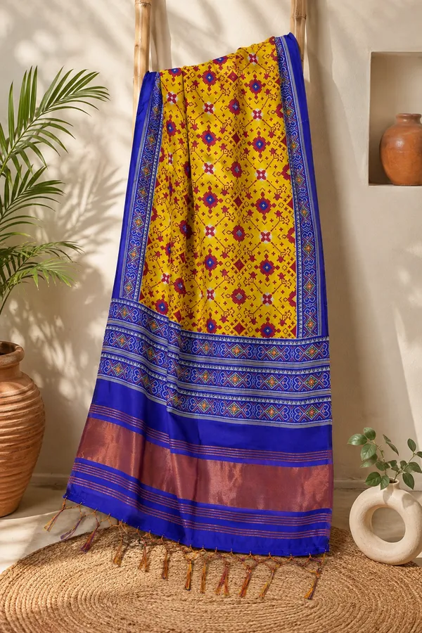 Mustard-Yellow-Gaji-Silk-Patola-Printed-Dupatta-with-Royal-Blue-Zari-Border