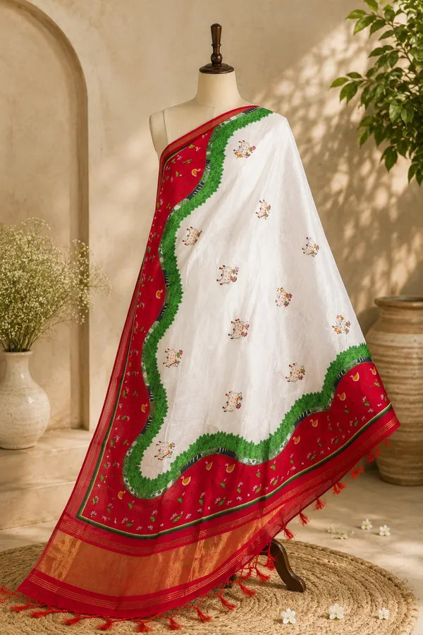 Ivory-&-Cherry-Red-Gaji-Silk-Pichwai-Printed-Dupatta-with-Zari-Border