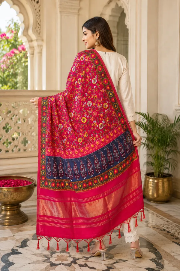 Crimson-Red-Gaji-Silk-Floral-Printed-Dupatta-with-Zari-Border