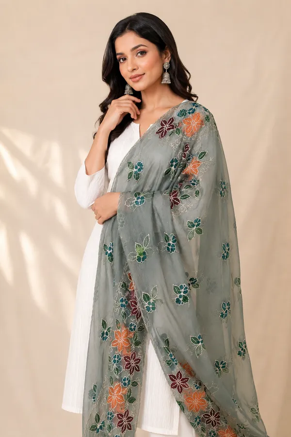 Premium-Sage-Green-Organza-Dupatta-with-Multicolor-Floral-Embroidery-|-Designer-Party-Wear-|-Lightweight-Luxury-Ethnic-Dupatta-for-Women