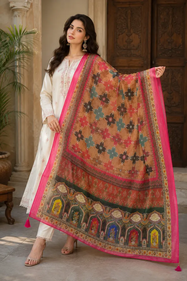 Women_kota_crochet_heritage_digital_print_dupatta-_Camel_brown_&Rani_pink