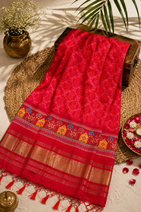 Gaji-Silk-Rani-Pink-Dupatta-for-Women-with-Gold-Zari-&-Traditional-Multicolor-Woven-Border