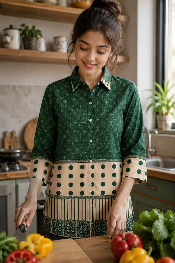 Women’s-Poly-Muslin-Printed-Shirt-|-Bottle-Green-&-Cream-Polka-Dot-Geometric-Print-|-Collared-Button-Down-Shirt-|-3-4-Sleeve