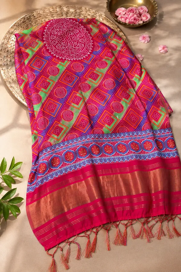 Deep-Fuchsia-Gaji-Silk-Geometric-Printed-Dupatta-with-Royal-Blue-Zari-Border