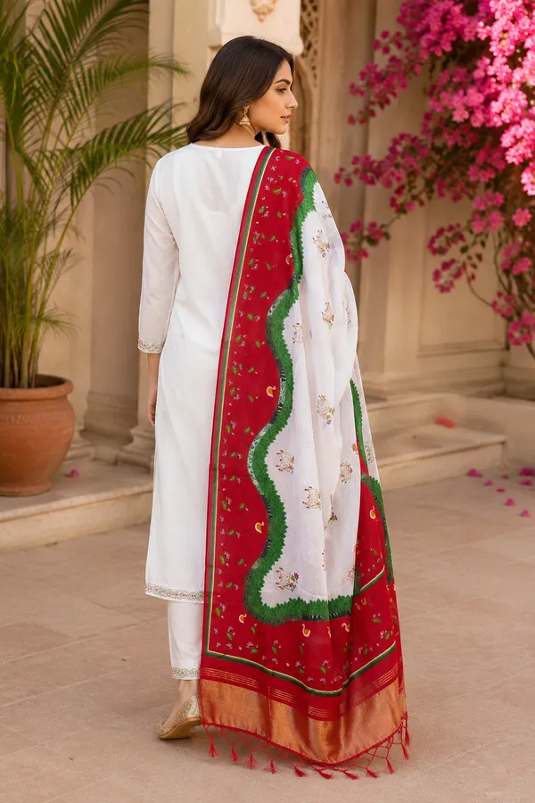 Ivory-&-Cherry-Red-Gaji-Silk-Pichwai-Printed-Dupatta-with-Zari-Border