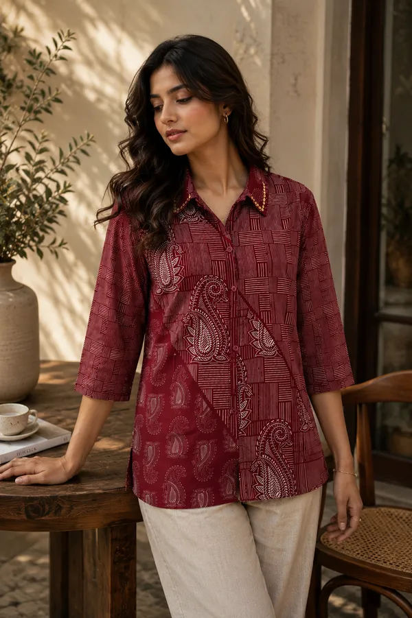 Women’s-Poly-Muslin-Printed-Shirt-|-Wine-Burgundy-Paisley-&-Geometric-Print-|-Collared-Button-Down-Shirt-|-3-4-Sleeve