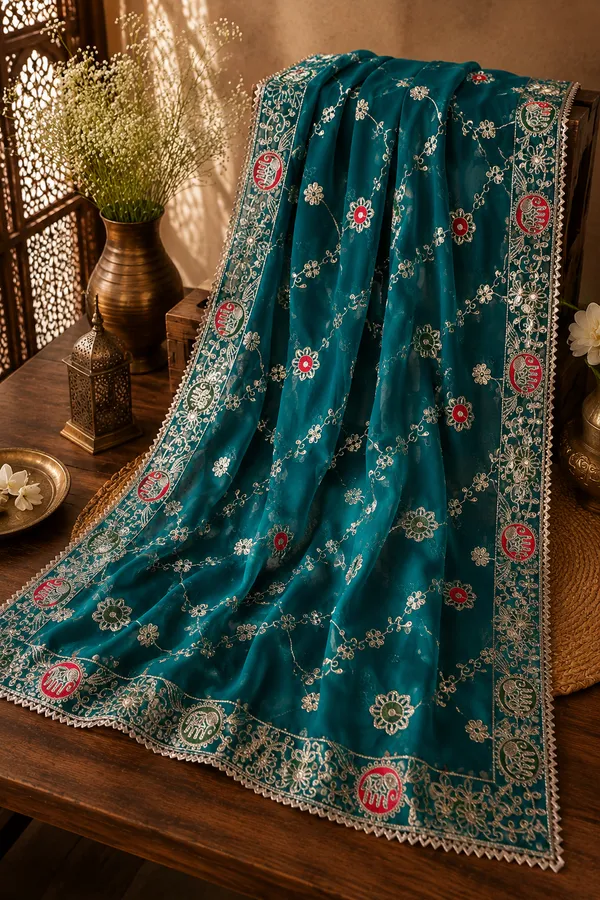 Women’s-Georgette-Peacock-Blue-Embroidered-Dupatta