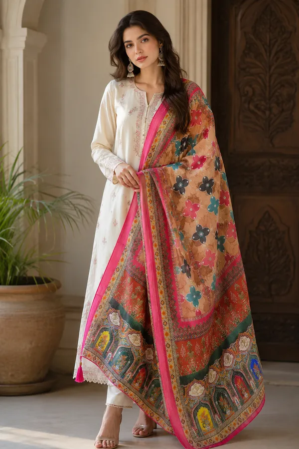 Women_kota_crochet_heritage_digital_print_dupatta-_Camel_brown_&Rani_pink