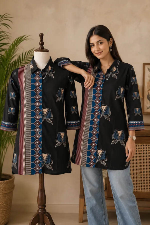 Women’s-Poly-Muslin-Shirt,-Black-Blue-&-Maroon-Printed-Shirt,-Geometric-Abstract-Print,-Collared-Button-Down,-3-4-Sleeve