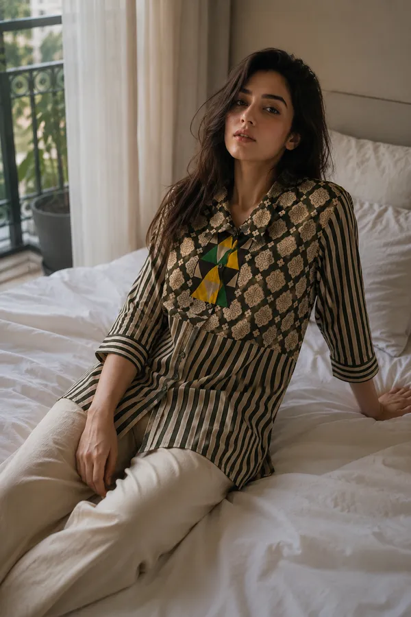 Women’s-Poly-Muslin-Printed-Shirt-|-Olive-Green-&-Cream-Floral-Geometric-Print-|-Striped-Color-Block-Shirt-|-Collared-3-4-Sleeve