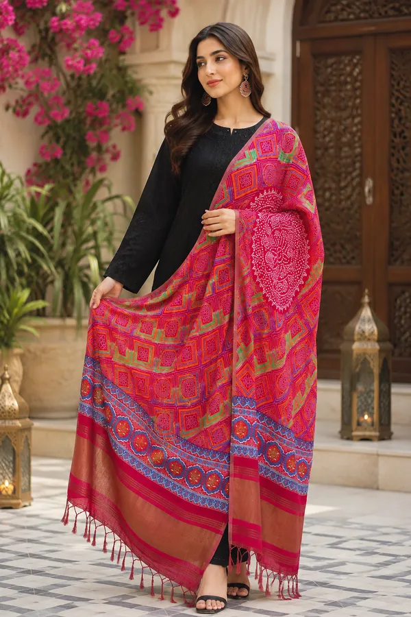 Deep-Fuchsia-Gaji-Silk-Geometric-Printed-Dupatta-with-Royal-Blue-Zari-Border